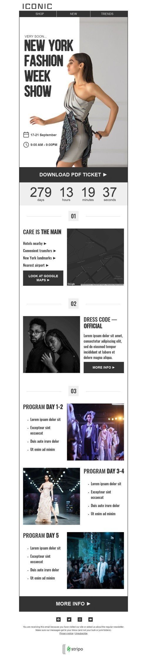 Fashion week Email Template "Reminder and program" for Fashion industry desktop view