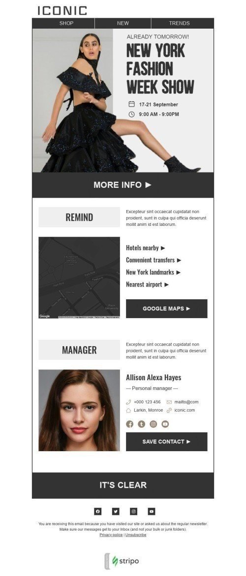 Fashion week Email Template "Last reminder" for Fashion industry desktop view