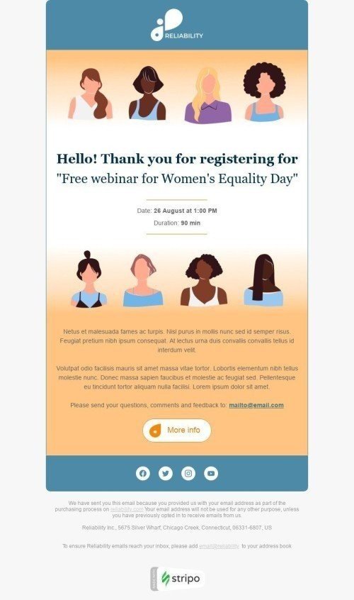 Modelo de E-mail de «Obrigado pelo registro» de Dia Internacional da Igualdade Feminina para a indústria de Webinars mobile view
