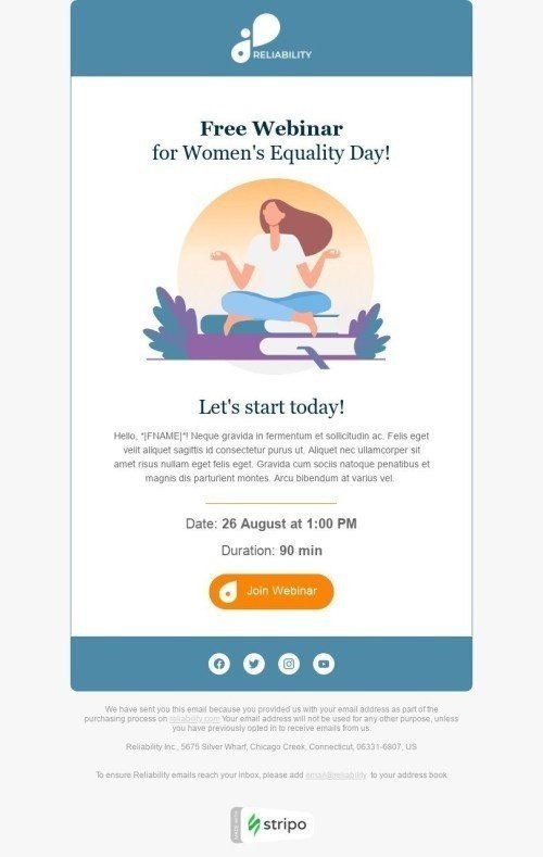 Modelo de E-mail de «Lembrete por uma hora» de Dia Internacional da Igualdade Feminina para a indústria de Webinars Visualização de desktop