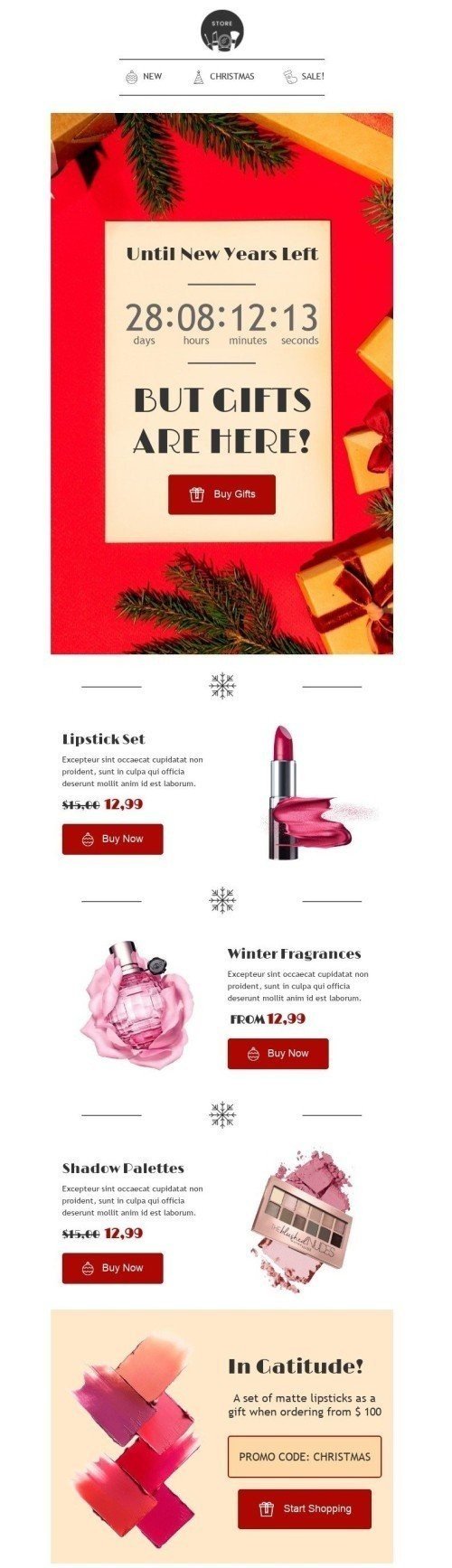 Modelo de E-mail de «Os presentes estão aqui» de Natal para a indústria de Beleza e Cuidados Pessoais Visualização de desktop