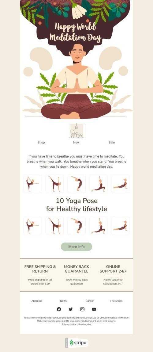 Modello Email Giornata mondiale della meditazione «10 posizioni yoga» per il settore industriale di Arredamento, interni e fai da te Visualizzazione mobile