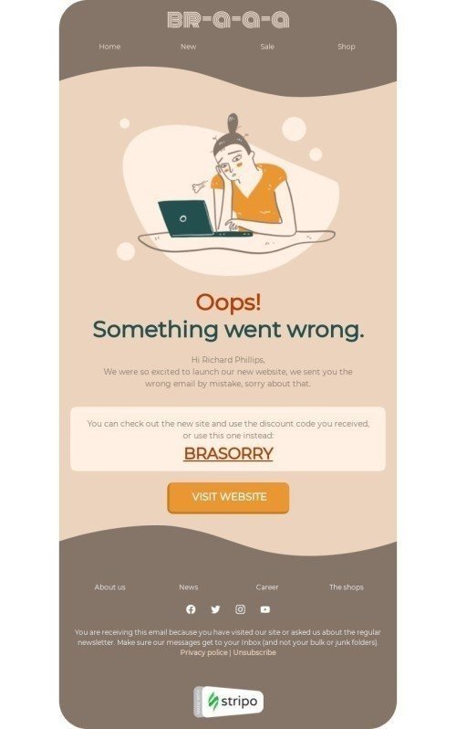 Modelo de E-mail de «Algo deu errado» de Desculpa para a indústria de Moda mobile view