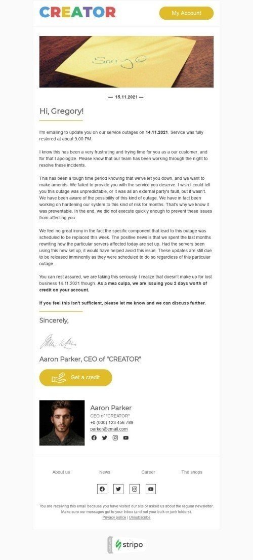 Apology Email Template "Sorry for the trouble" for Design industry desktop view