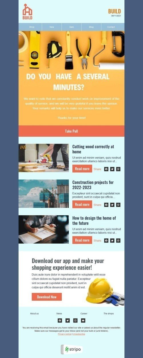 Post Purchase Email Template "Thanks for your time" for Construction industry desktop view