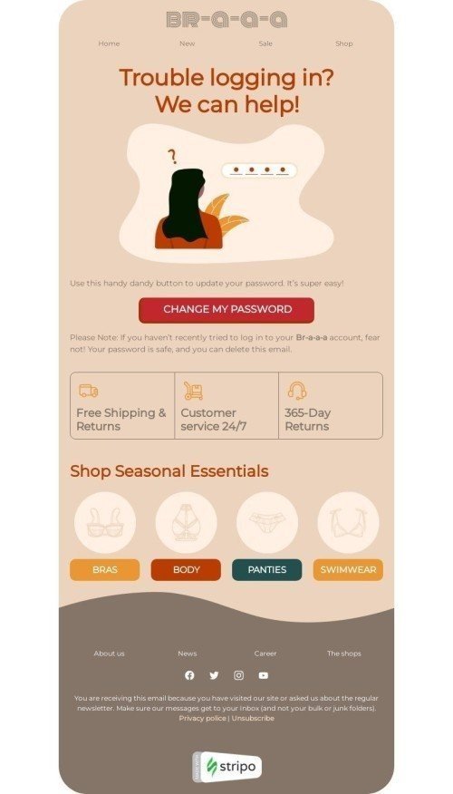 Password Reset Email Template "Trouble logging in" for Fashion industry mobile view