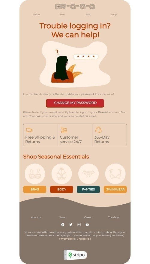 Password Reset Email Template "Trouble logging in" for Fashion industry desktop view