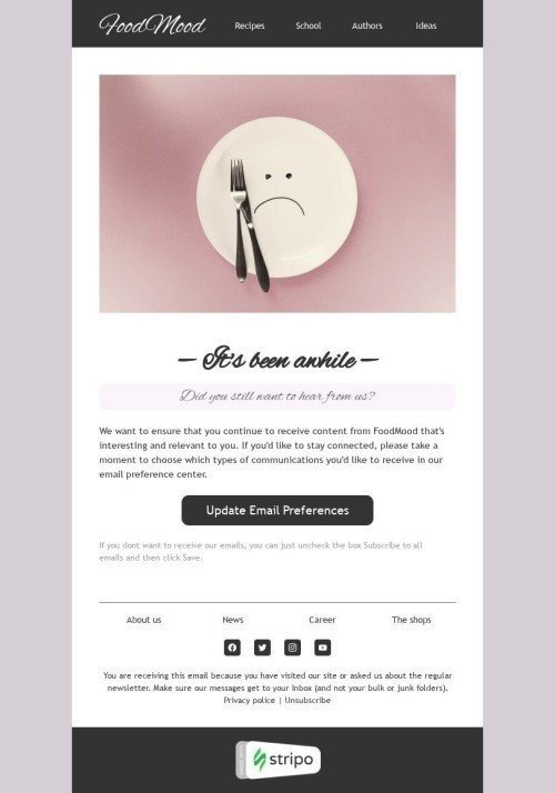 Retention & Reactivation Email Template "It's been awhile" for Food industry desktop view