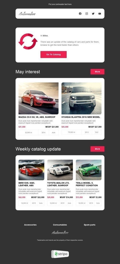 Modèle de courrier électronique Mise à Jour de Produit «Nouvel article» pour le secteur Auto & Moto Affichage mobile