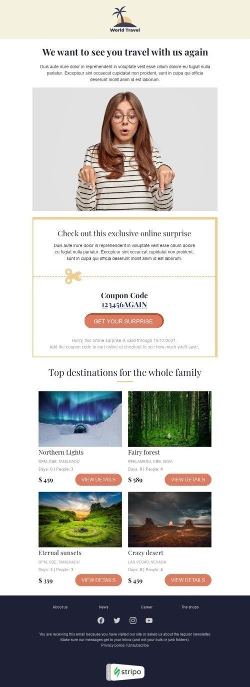Retention & Reactivation Email Template "We want to see you" for Travel industry desktop view