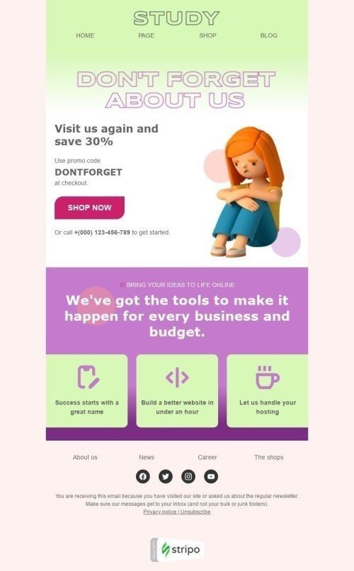 Retention & Reactivation Email Template "Don't forget about us" for Education industry desktop view