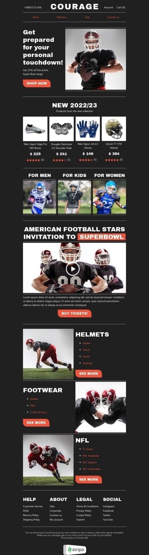 Super Bowl E-Mail-Vorlage «Bereite dich vor» für Sport-Branche Desktop-Ansicht