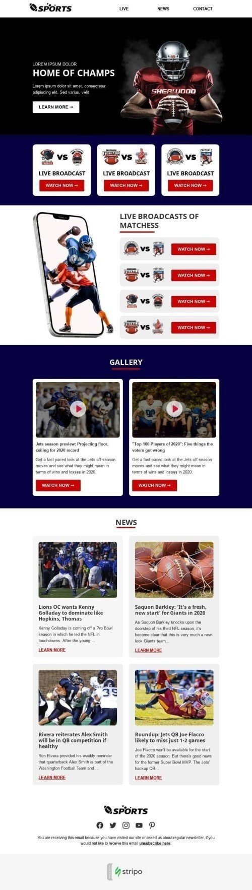 Modelo de E-mail de «Semana de transmissão» de Super Bowl para a indústria de Esportes Visualização de dispositivo móvel