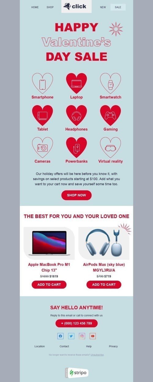 Modelo de E-mail de «Corações amorosos» de Dia dos Namorados para a indústria de Gadgets Visualização de dispositivo móvel