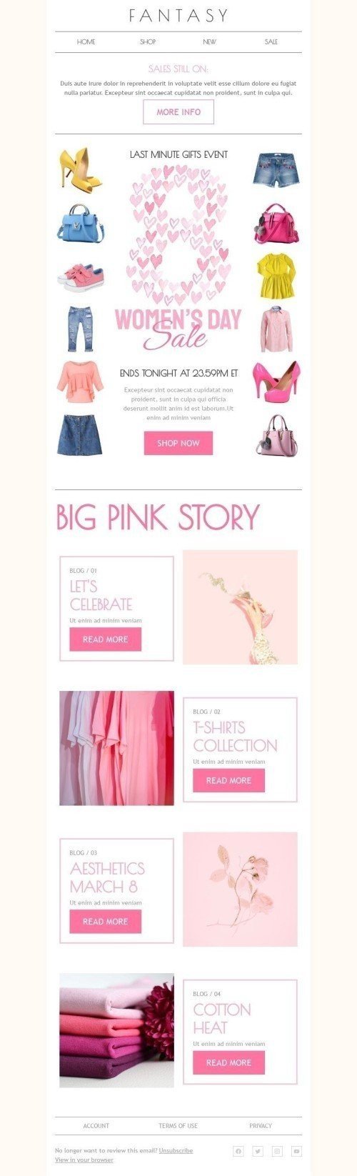 Women's Day Email Template "Big pink story" for Fashion industry desktop view
