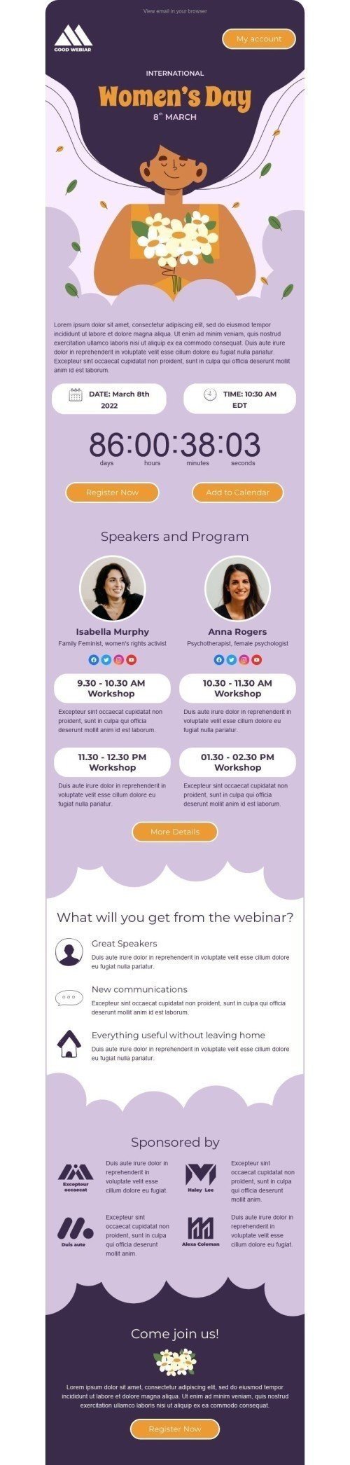 Plantilla de correo electrónico «Seminario web para mujeres» de Día de la Mujer para la industria de Seminarios en línea Vista de móvil