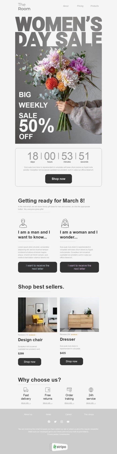 Modelo de E-mail de «Grande venda semanal» de Dia da Mulher para a indústria de Móveis, Decoração e DIY Visualização de dispositivo móvel