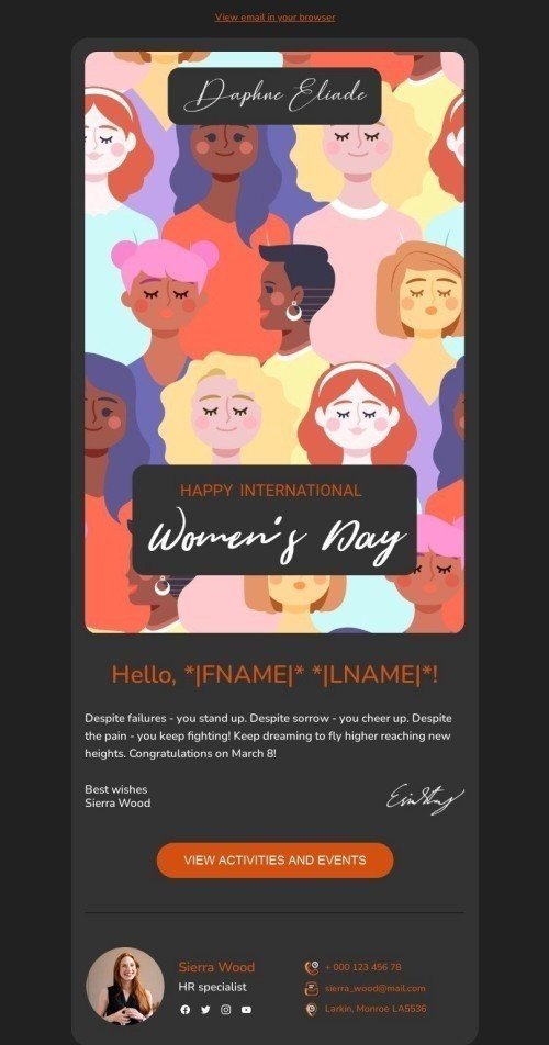 Plantilla de correo electrónico «Felicidades el 8 de marzo» de Día de la Mujer para la industria de HR Vista de escritorio