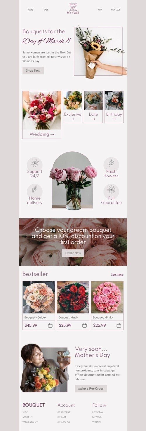 Modèle de courrier électronique Journée de la Femme «Meilleurs vœux à l'occasion de la journée de la femme» pour le secteur Cadeaux & Fleurs Affichage mobile