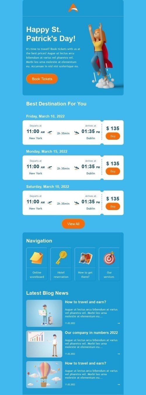 St. Patrick’s Day Email Template "Tickets to Dublin" for Airline industry mobile view