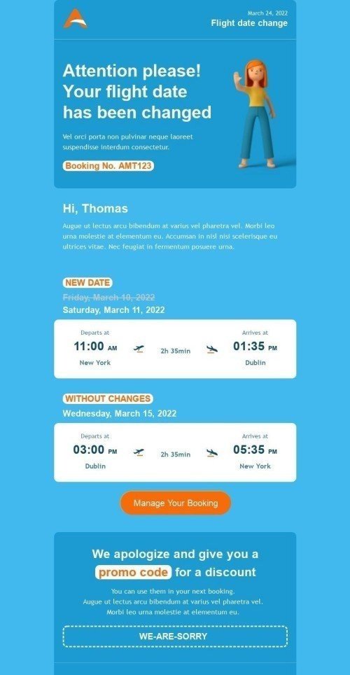 Шаблон письма «Изменение даты рейса» тематики Уведомление для индустрии «Авиалинии» мобильный вид