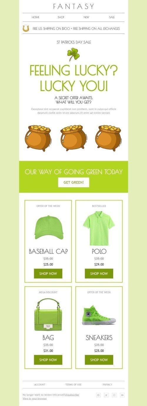 St. Patrick’s Day Email Template "Our way of going green today" for Fashion industry mobile view