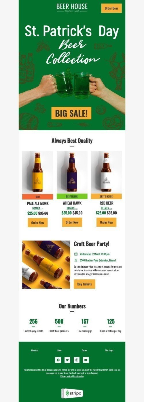 Modelo de E-mail de «Coleção de cervejas» de Dia de São Patrício para a indústria de Bebidas Visualização de desktop