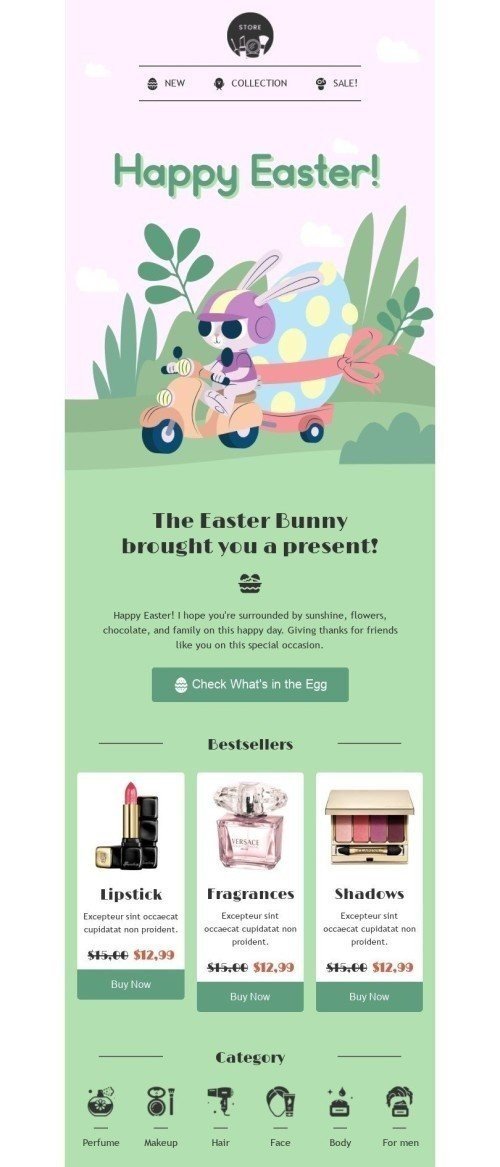 Modello Email Pasqua «Il coniglio ti ha portato un regalo» per il settore industriale di Bellezza e cura della persona Visualizzazione mobile