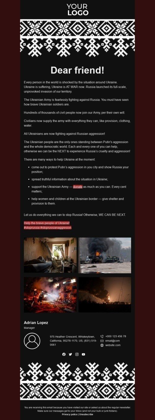 The "Let's Stop this War Together: Spread the word about this tragedy" email template mobile view
