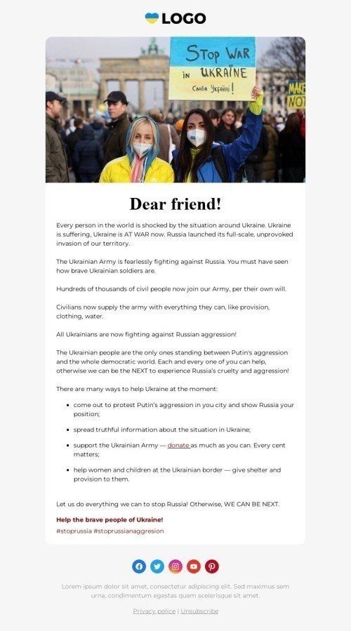 The "Stop Russian Aggression" email template Affichage mobile