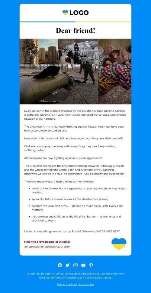 Le modèle d'e-mail "Diffusez le message sur l'agression russe en Ukraine" Affichage mobile