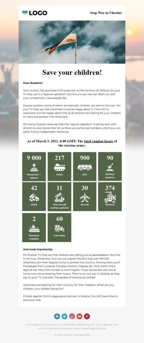 The “Sad facts and numbers about Russia’s war in Ukraine” email template Visualizzazione mobile