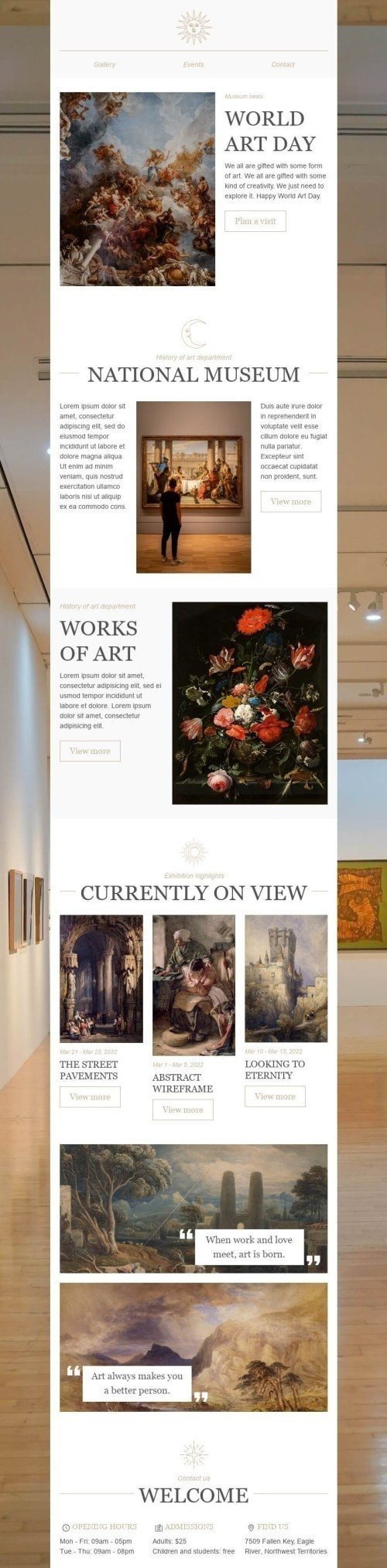 Шаблон листа до свята Всесвітній день мистецтва «Національний музей» для індустрії «Художня галерея» мобільний вигляд