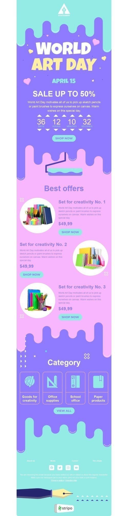 Weltkunsttag E-Mail-Vorlage «Setzen Sie auf Kreativität» für Bücher & Geschenke & Schreibwaren-Branche Ansicht auf Mobilgeräten
