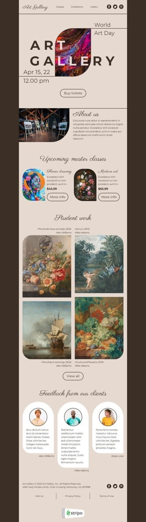 Modèle de courrier électronique Journée mondiale de l'art «Galerie d'art» pour le secteur Galerie d'art Affichage mobile
