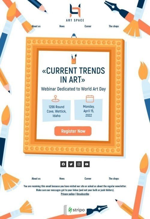 Plantilla de correo electrónico «Tendencias actuales en el arte.» de Día Mundial del Arte para la industria de Galería de arte Vista de escritorio