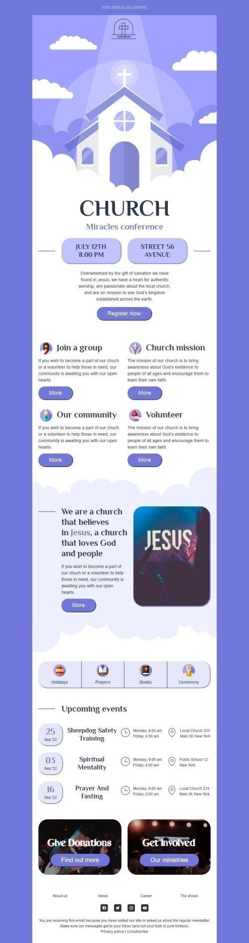 Promo Email Template "Miracles conference" for Church industry desktop view