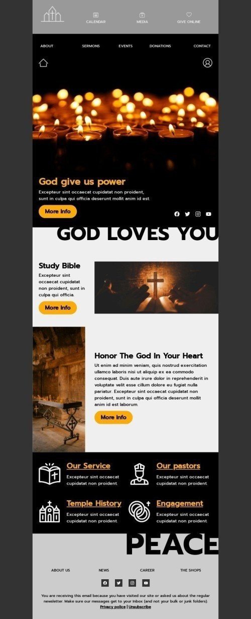 Promo Email Template "God give us power" for Church industry desktop view