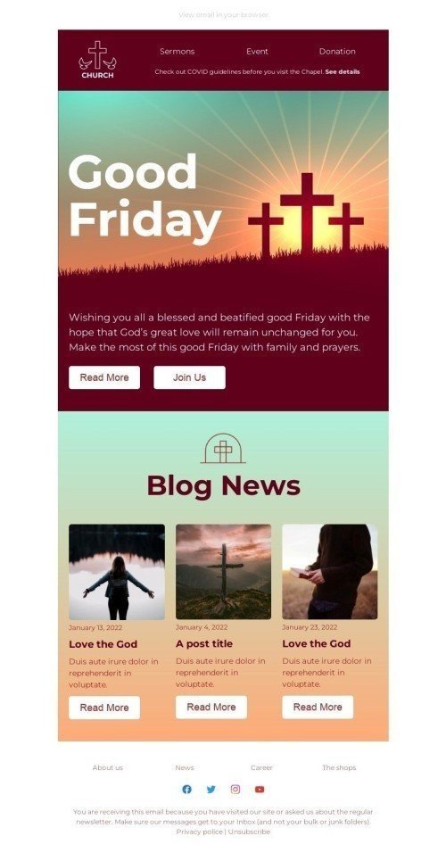 Promo Email Template "Love the God" for Church industry desktop view