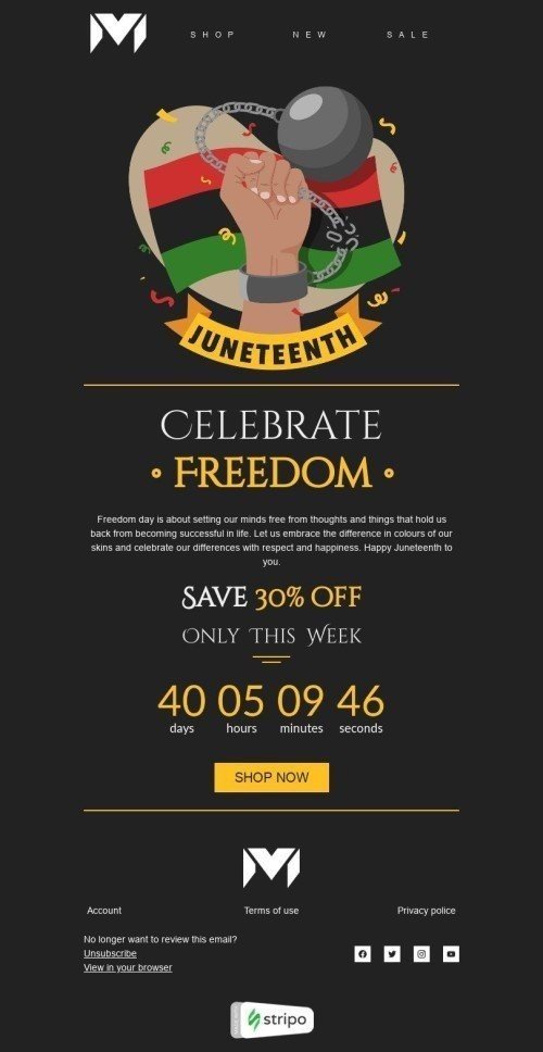 Modelo de E-mail de «Celebre a liberdade» de Juneteenth para a indústria de Bebidas Visualização de dispositivo móvel