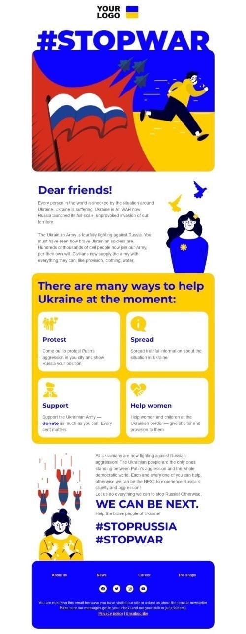Modelo de e-mail "Ajude a Ucrânia a ficar de pé nesta guerra" Visualização de desktop