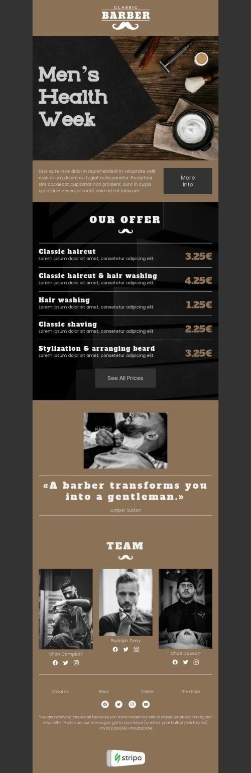 Modello Email Settimana della salute maschile «Taglio di capelli classico» per il settore industriale di Bellezza e cura della persona Visualizzazione desktop