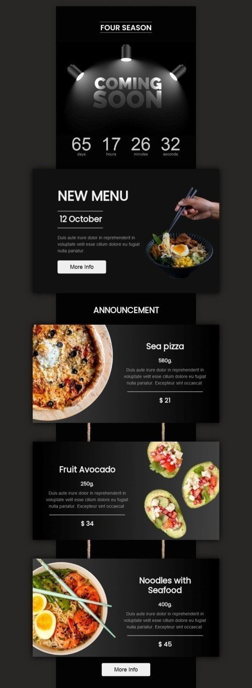 Modèle de courrier électronique Bientôt disponible «Quatre saisons» pour le secteur Restaurants Affichage ordinateur