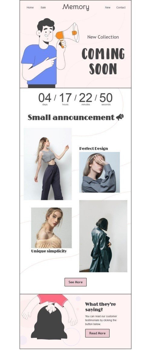 Demnächst E-Mail-Vorlage «Kleine Ankündigung» für Mode-Branche Ansicht auf Mobilgeräten
