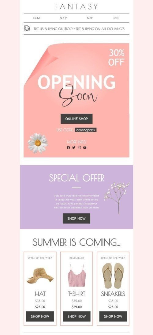 Coming Soon Email Template "Opening soon" for Fashion industry desktop view
