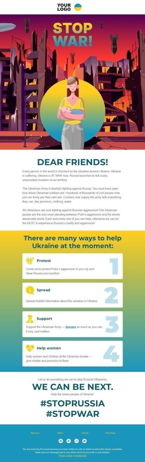 Modello di email "Aiuta l'Ucraina a fermare la guerra" Visualizzazione mobile
