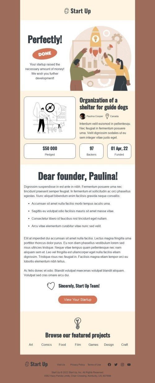 Promo Email Template "We wish you further development" for Crowdfunding industry desktop view