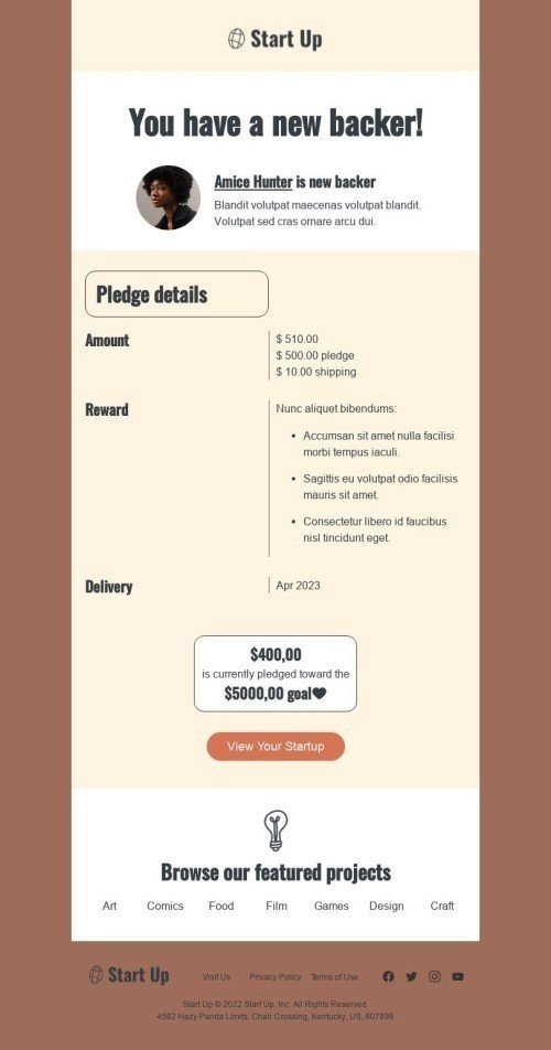Modèle de courrier électronique Promo «Vous avez un nouveau contributeur» pour le secteur Financement participatif Affichage mobile