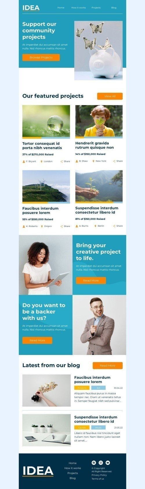 Modello Email Promo «Sostieni la nostra comunità» per il settore industriale di Crowdfunding Visualizzazione desktop