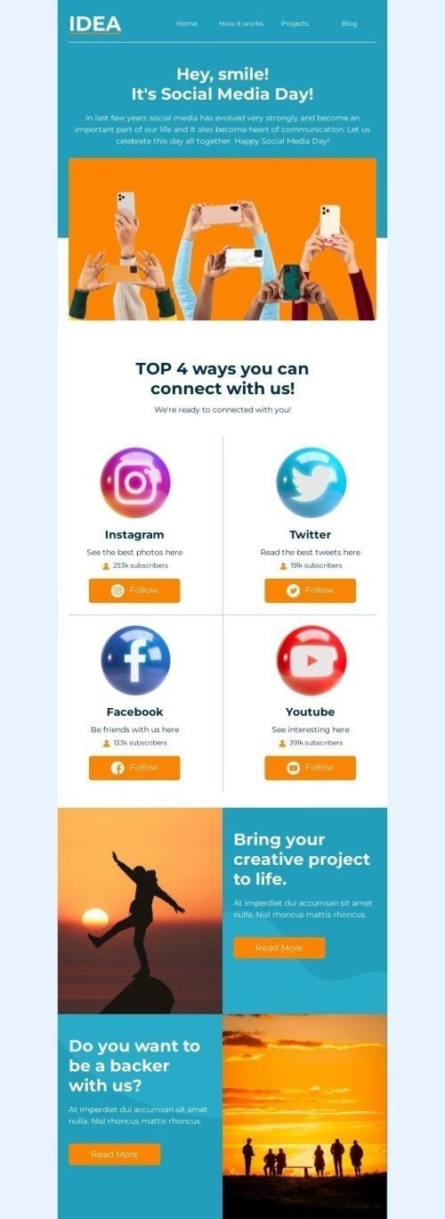 Social Media Day Email Template "Top 4 ways you can ​connect with us" for Crowdfunding industry mobile view